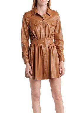 Button-Front Faux Leather Shirt Dress in Cognac